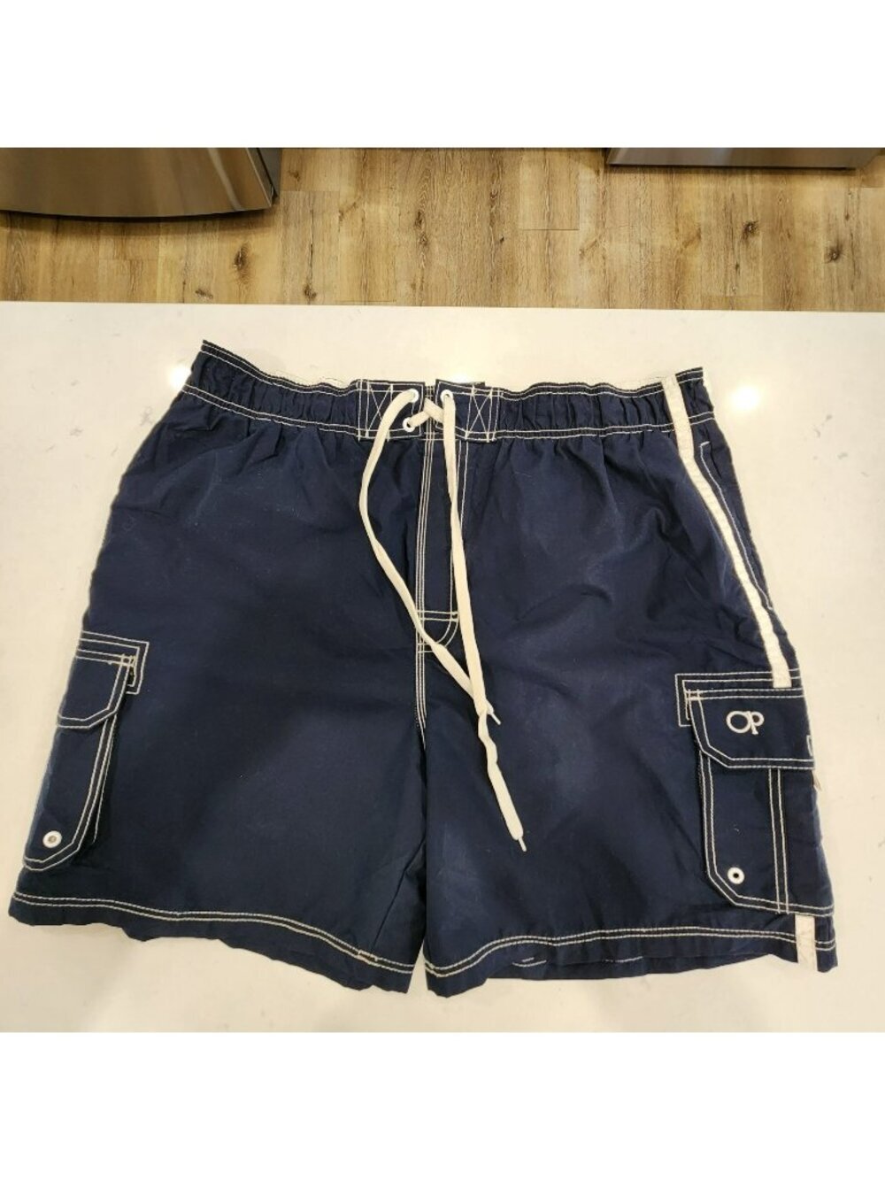 Vintage OP Board Shorts Ocean Pacific Mens 38 Navy White Stitching Hybrid Trunks